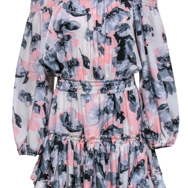 MISA Los Angeles - Pink, Grey &amp; Black Floral Off-the-Shoulder Tiered Dress Sz M