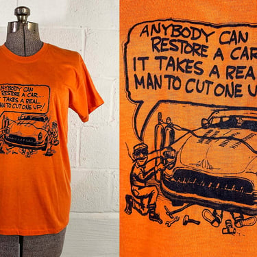 Vintage T-Shirt 80s Mechanic Car Guy Gift Present Single Stitch Orange Tee Hipster Shirt 5050 USA Unisex Large Medium 1980s 
