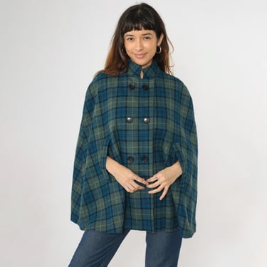 Vintage 70s Blue Plaid Wool Cape Coat Double Breasted Button Up Green Swing Fit Checkered Cloak Jacket 1970s Mod Preppy Small Medium Large 