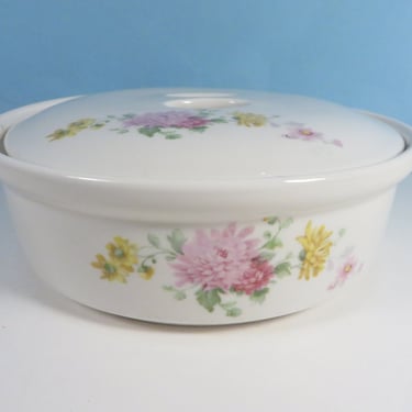 Vintage Coors Pottery Thermo Porcelain Casserole Dish with Lid Chrysanthemum Pattern 