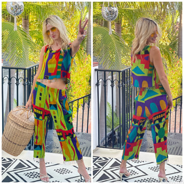 80s Vibrant 2 piece set crop top & pants matching with bead embellishments s 