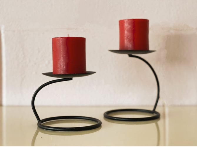 Vintage 80s Style Mid Century Modern Pair of Cast Iron Candle Holders 