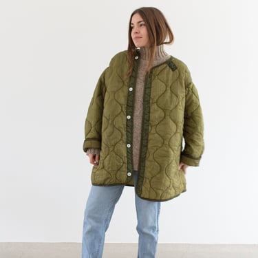 Vintage Green Liner Jacket White Buttons | Quilted Nylon Coat | L XL | LI005 