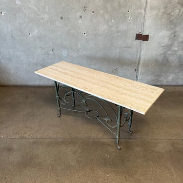 Travertine & Scrolled Metal Console Table