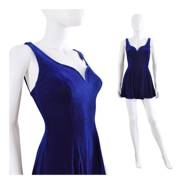 1990s Cobalt Blue Velvet Mini Dress - 1990s Mini Dress - 1990s Blue Velvet Dress - Vintage Micro Mini Dress - 1990s Dress | Size XS / Small 