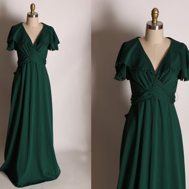 1970s Forest Green Flutter Short Sleeve Full Length Tie Back Ankle Length Formal Dress 