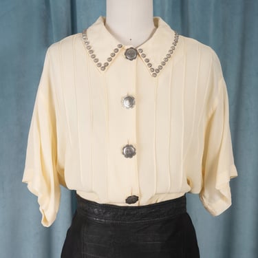 WOW! Vintage 90s Double D Ranchwear Ivory Silk Blouse with Studded Collar and Silver Concho Buttons 