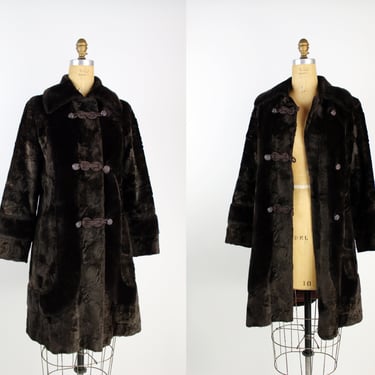 60s Dark Brown Teddy Coat / Vintage Faux Fur Coat / Winter Coat/ MOD Coat / Size S/M 