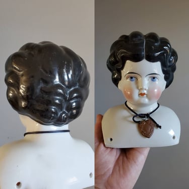 Large Antique China Doll Head with Painted Curls and Rare Hairstyle - 6.5&quot; Tall - Antique German Dolls - Collectible Dolls - Doll Parts 