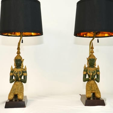 Pair of exquisite bronze Thai Teppanom kneeling angel Buddha table lamps. Hollywood regency 