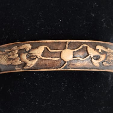 Antique Chinese dragons & pearl wood bangle, 1900's wooden Asian mythic serpents bracelet 
