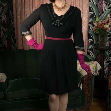 1940s Dress -  Darling Vintage 40s New York Creations Black Rayon Dress with Lace 