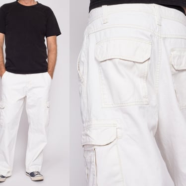 33x30 90s White Cargo Pants | Vintage Baggy Wide Leg Cotton Utility Trousers 