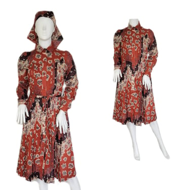 Albert Nipon 1980's Rust Brown Floral Print Smock Dress I Sz Med I Peasant Dress 