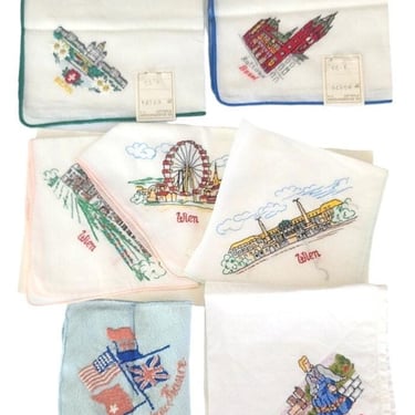 Vintage Embroidered Handkerchiefs Lot of Seven /European City Countries France Oslo Bern Vienna Basel 