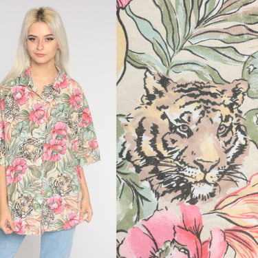 Tropical TIGER Shirt 80s 90s Floral Button Up Blouse Safari Shirt Vacation Shirt Animal Wildlife Shirt Vintage Pastel 1980s Extra Large xl 