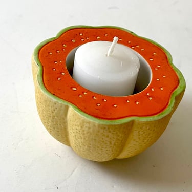 Vintage 80s Ceramic Cantaloupe Tea Light Candleholder 