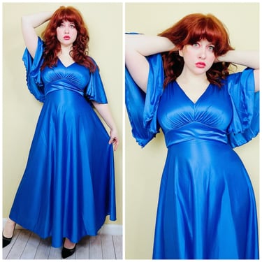 1980s Vintage Royal Blue Mike Benet Cape Dress / 80s / Eighties Poly Knit Disco Gown / Size Medium - Large 