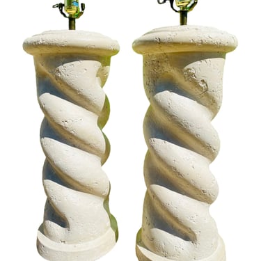 Postmodern Michael Taylor Style Set of Two 1980s Plaster Twist Spiral Table Lamps 