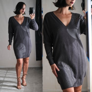 STELLA McCARTNEY Runway Gray Angora V Neck Long Sleeve Sweater Dress | Made in Italy | Virgin Fleece Wool Angora Blend | Y2K 2000s Designer 