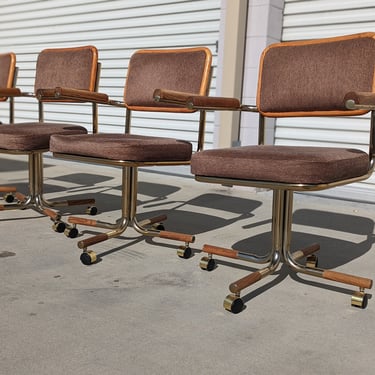 Set of four Vintage Brass + Oak Dining Chairs | Look like Cesca's | Unique Chairs on Wheels | Mid Century | MCM | Retro | 70s | 