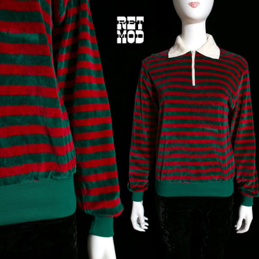 So Coo Vintage 70s 80s Red Green Stripe Velour Collared Top 