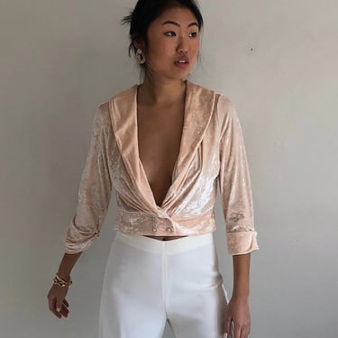 90s crushed velvet wrap blouse / vintage blush pink crushed stretch velvet plunging shawl collar double breasted crop top blouse | M 