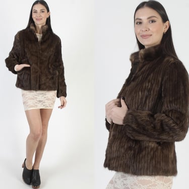 Womens 80s Brown Mink Coat, Corded Stand Up Fur Collar, Cropped Real Winter Jacket 