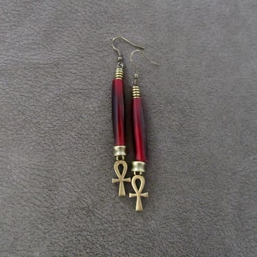 Red bone and bronze ankh earrings 