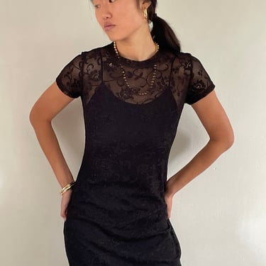 90s sheer lace T-shirt dress / vintage black sheer stretch lace crewneck short cap sleeve tee T shirt simple maxi LBD dress with slip | M 