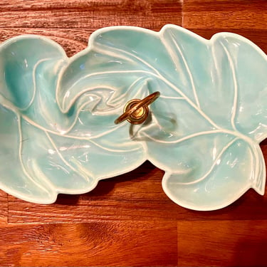 Vintage CAL Pottery Double Maple Leaf Divided Platter w/ Brass Ring Handle #100 California Pottery Aqua/Turqoise Leaf Snack Platter 11”X 7” 