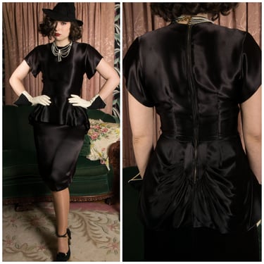 1940s Dress - Incredibly Glossy Black Silk Charmeuse Vintage 40s Cocktail Dress with Peplum and Pleated Bustle 