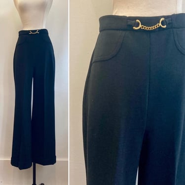 Vintage 70s Wide Leg Pants Trouser / CUFFED + Gold Chain Detail / Faux Front Pockets + No Back Pockets / KNIT / JANTZEN 