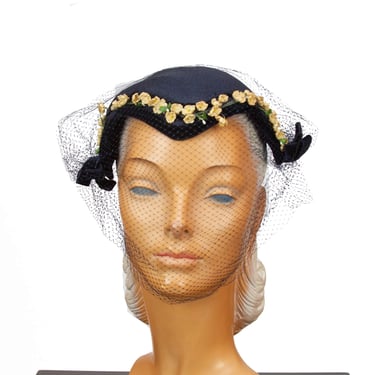 1950s Hat ~ Navy Juliet Cap with Millinery Lily of the Valley and Veil 