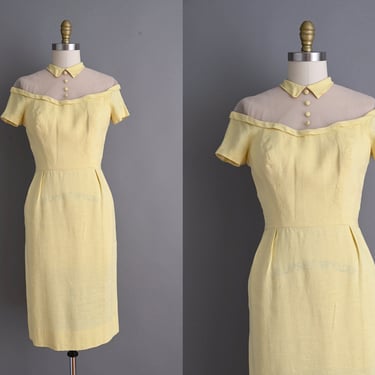 vintage 1950s Dress | Gorgeous Lemon Yellow Linen Wiggle Dress | Small 