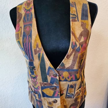 Vintage suede vest brown multi egyptian print, 1990's 