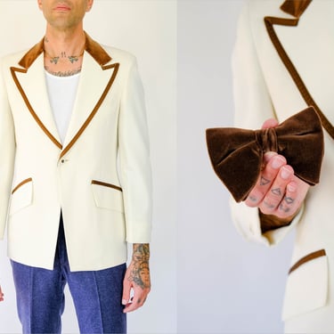 Vintage 70s After Six Ivory Polyester & Brown Velvet Tuxedo Blazer w/ Matching Clip Bow Tie | Made in USA | 1970s Designer Formal Jacket 