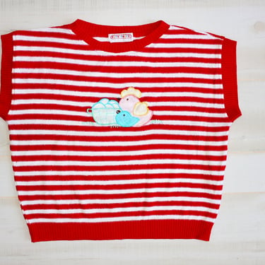 Vintage 80s Striped Sweater Top, 1980s Short Sleeve Sweater, Knit, Bird, Embroidered, Kawaii, Cute, Red, 1980s 
