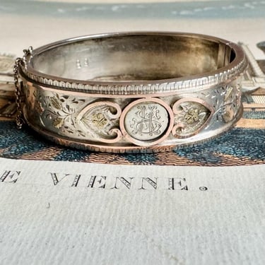 Antique Victorian Sterling Silver SH Monogram Floral Bracelet, 1884 London ~7” 