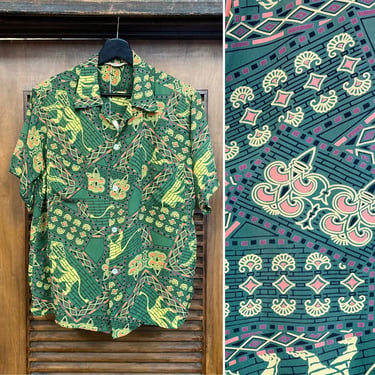 Vintage 1950’s Atomic Pattern Zoo Animal Rayon Hawaiian Shirt, 50’s Hawaiian Shirt, Tropical Shirt, Vintage Tiki, Vintage Clothing 