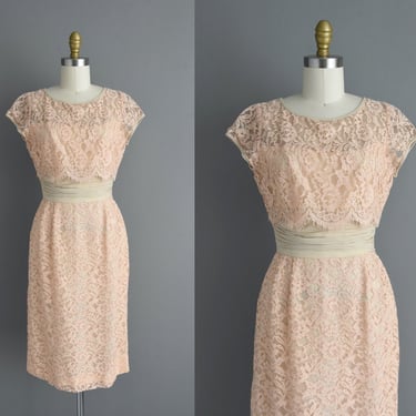 1950s vintage dress | Beautiful Champagne Lace Cocktail Party Wiggle Dress | Small | 50s dress 