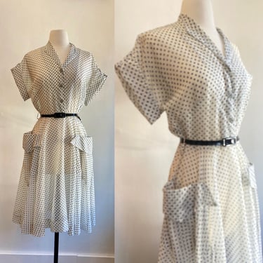 Vintage 50s Day Dress / SHEER Polka-Dot Voile Shirtwaist / SPARKLY Buttons + Oversized Hip Pockets / Full Skirt 