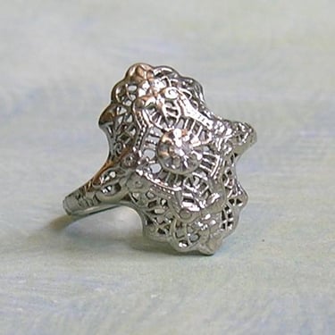 Antique Edwardian 10K White Gold Filigree Diamond Ring, Antique Diamond Ring, Old Edwardian Ring, Size 7 (#4456) 