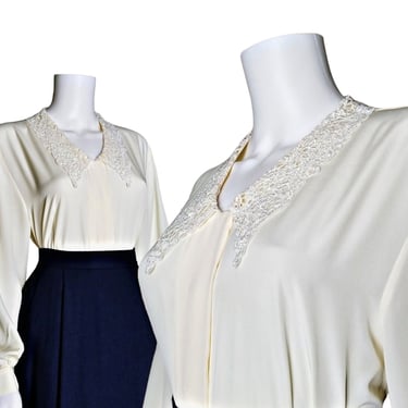 Vintage Lace Collar Cocktail Blouse, Large / 1940s Style Ivory Button Blouse / Elegant Semi Sheer Dress Shirt 