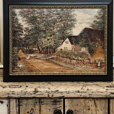 Original Antique European Oil Painting, Cottage by Stream (1898) 