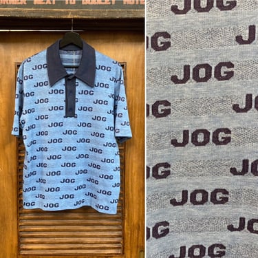 Vintage 1970’s Custom “Jog Jogging” All Over Print Mod Disco Knit Shirt, 70’s Polo, Vintage Clothing 