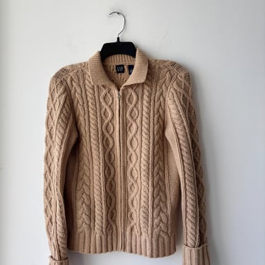 Y2K GAP Fisherman Cable Knit Sweater Beige Full Zip Collared Lambswool Old Money Womens S 