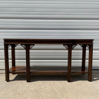 Vintage Wood Sofa Table Console Lane Furniture Chinoiserie Fretwork Inlay Chippendale Bohemian Chic Entry Way Vintage Living Room TV Stand 