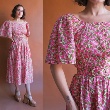 Vintage 50s Pink Floral Two Piece Set with Flutter Sleeves/ 1950s Skirt and Blouse/ Size Small 25 