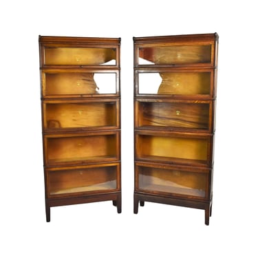 Pair Antique Oak Macey Barrister Lawyers Bookcase w Glass Doors 5-stack 